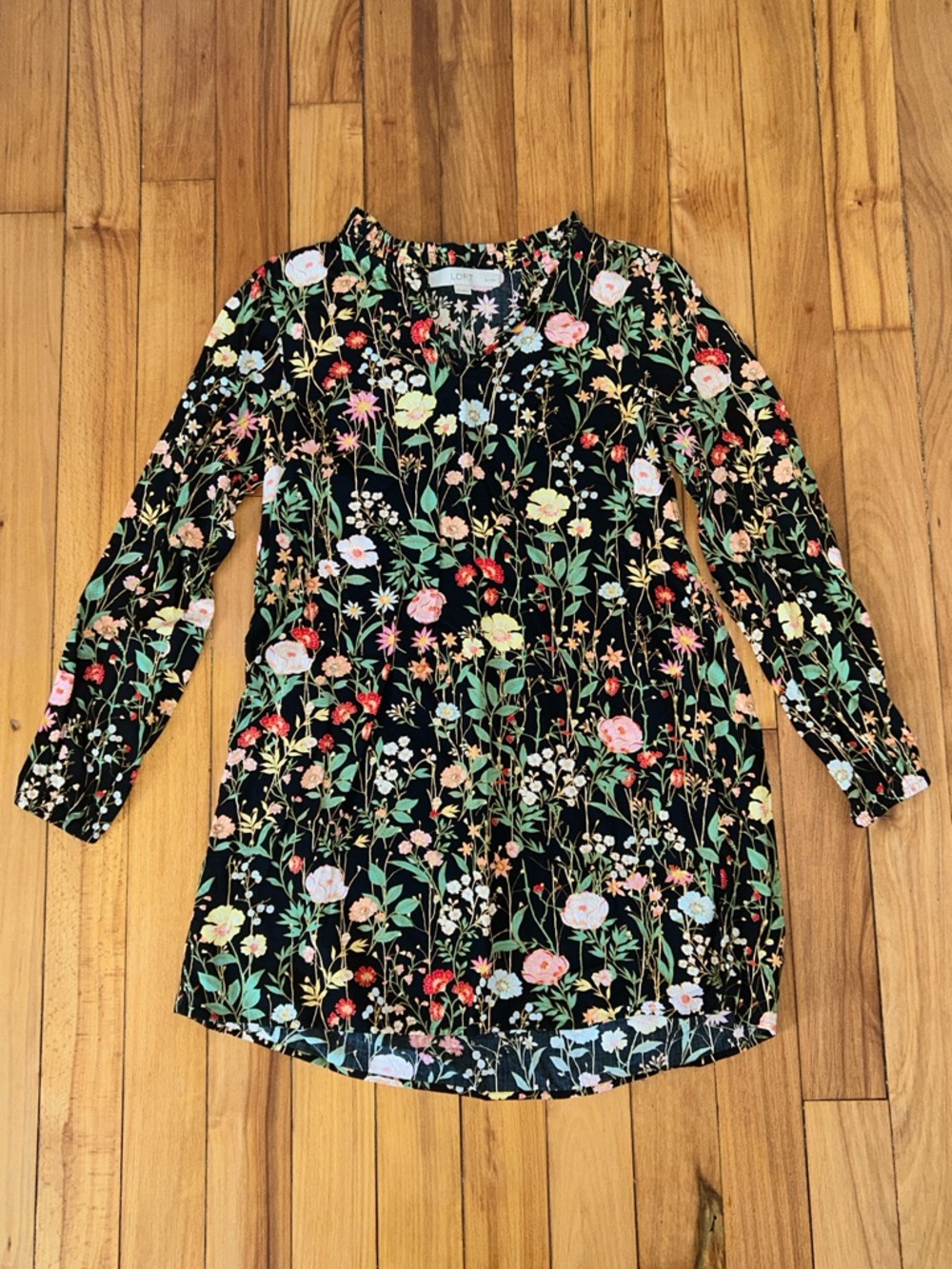 Loft Floral Print Ruffle Split Neck Shift Dress